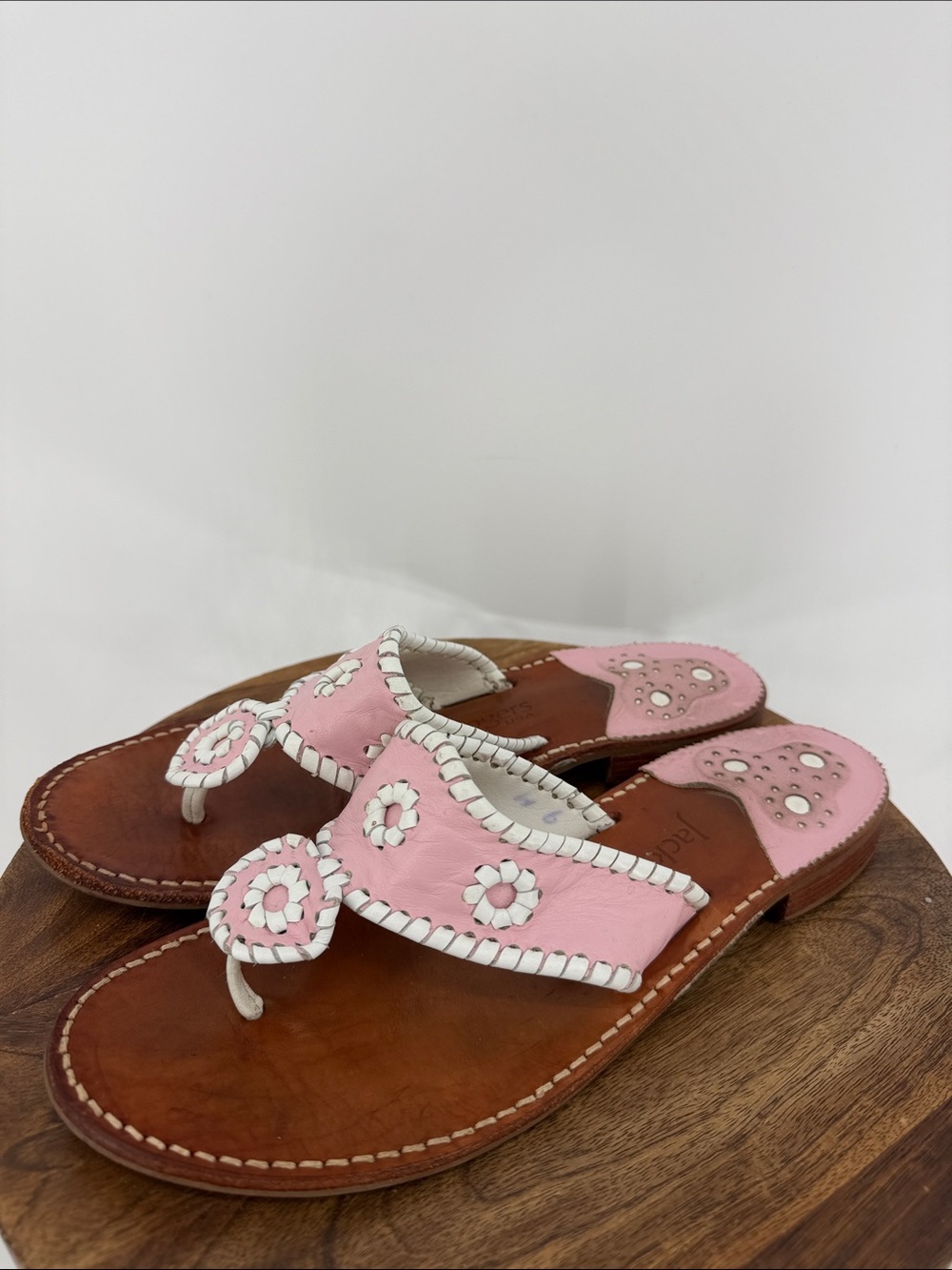Jack Rogers Pink White Leather Navajo Flat Sandals Size 9 Preppy Resort - Picture 2 of 5